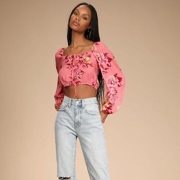 NWT Lulus Cheerful Disposition Pink Floral Print Lace-Up Crop Top Size Small - Picture 11 of 11
